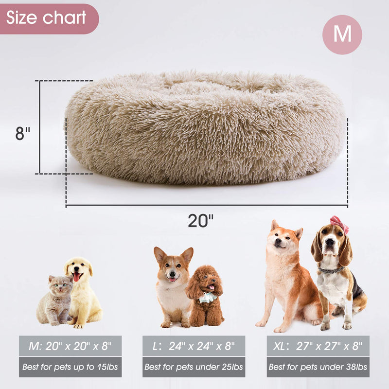 Calming Dog Bed & Cat Bed, Anti-Anxiety Donut Dog Cuddler Bed, Warming Cozy Soft Dog Round Bed, Fluffy Faux Fur Plush Pet Dog Cat Cushion Bed for Small Medium Dogs and Cats (20"/24"/27") 20" Brown - PawsPlanet Australia