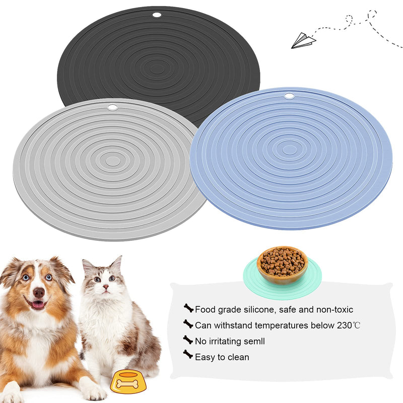 3 Pieces Silicone Pet Food Mat Pet Feeding Mat for Dog and Cat Food Bowl Place-mat Preventing Food and Water Overflow Suitable for Medium and Small Pet 7.1 Inch Blue, Gray, Black - PawsPlanet Australia