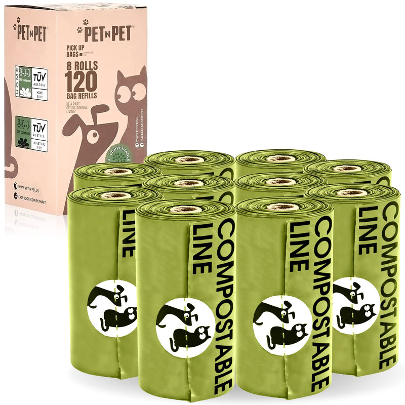 Pet N Pet Dog Poop Bags Compostable, Pack of 120 Poop Bags for Dogs, 8 Dog Poop Bags Rolls, Dog Poop Bags, Dog Poop Bags for Poop Made of Bio-Based Corn Starch Material EN 13432, Dog Poop Bags 120 Pieces - PawsPlanet Australia