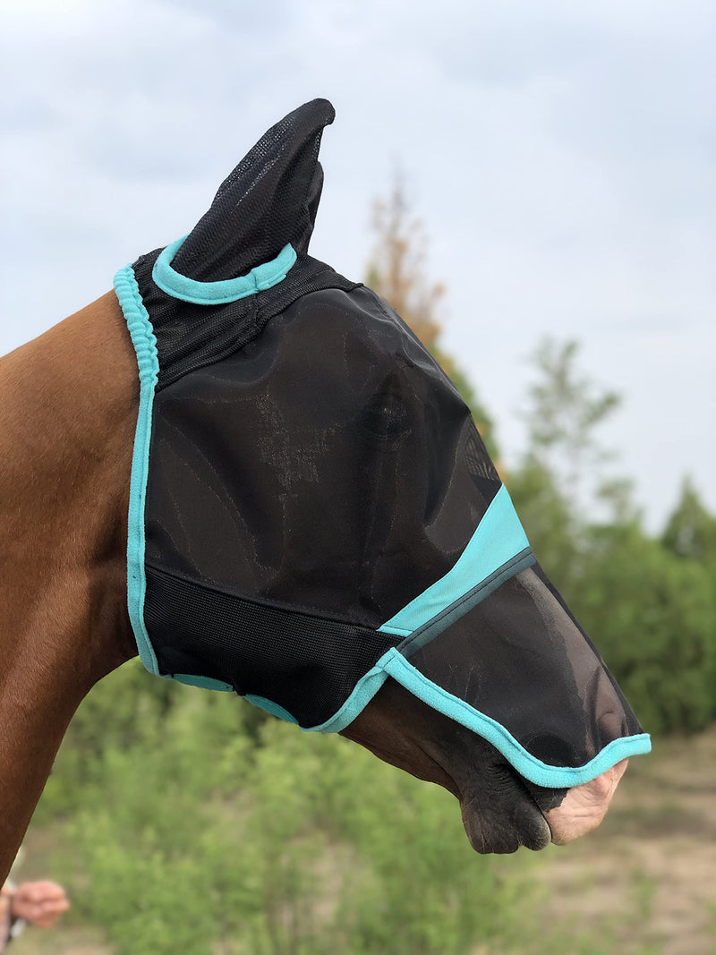 TGW RIDING Horse Mask Full Face Mesh Fly Mask Fine Mesh with Ears and Long Nose (Warmblood, Black/Turquoise) - PawsPlanet Australia