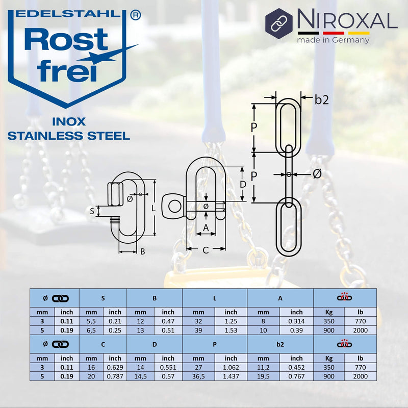 NietFullThings 5 mm extension chain made of stainless steel breaking load max 900 kg with screw connector and shackle made of V4A fastening set for hanging punch bag hammock hammock chair 5 mm | Chain length: 150 cm = 1.5 meters 1 extension set - PawsPlanet Australia