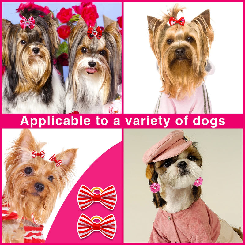 Mruq pet 80pcs Valentine's Day Dog Hair Bows, Bulk Holiday Pink and Red Dog Grooming Bows, Rhinestone Pearl Samll Dog Flower Bows with Rubber Bands for Festival Puppy Dog Hair Accessories A105+HA010+A019-80 - PawsPlanet Australia