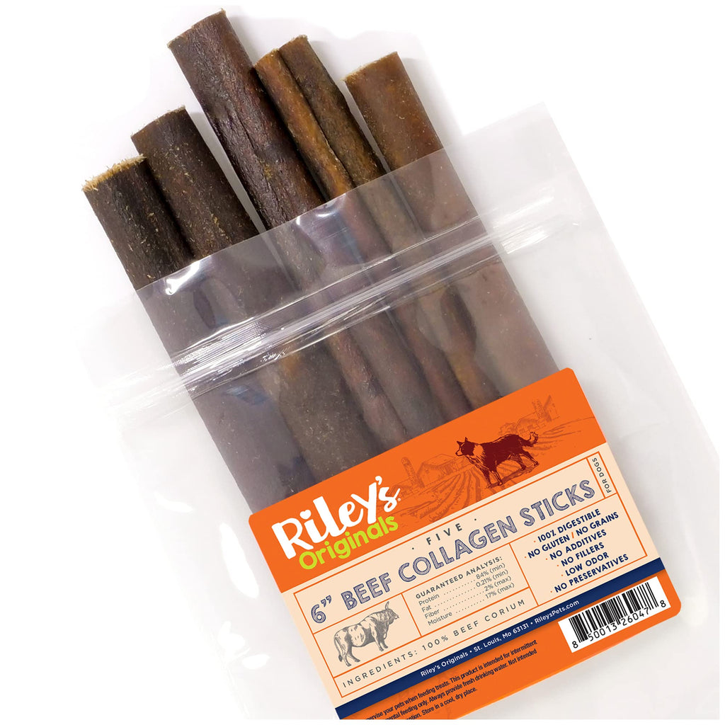 Riley's 6 Inch Beef Collagen Sticks for Dogs - Collagen Chews for Dogs - Bully Stick & Rawhide Alternative Dog Chews Long Lasting - No Raw Hide Dog Chews - Single Ingredient Dog Treat - 5 ct - PawsPlanet Australia