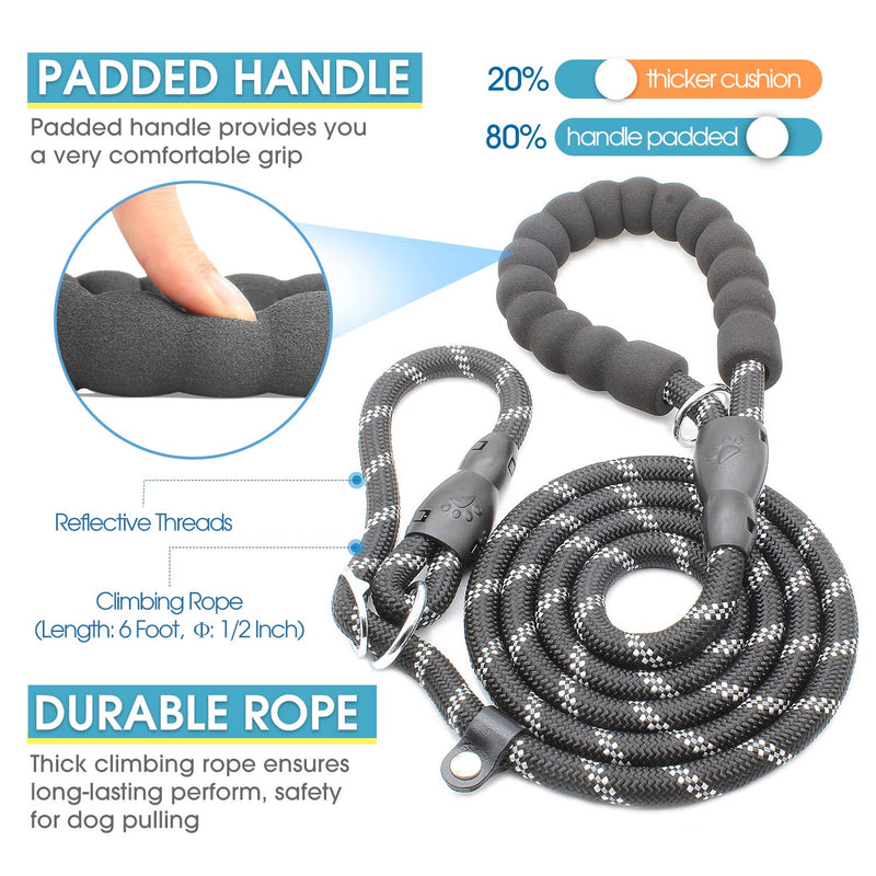 BAAPET 6 Feet Slip Lead Dog Leash Anti-Choking with Upgraded Durable Rope Cover and Comfortable Padded Handle for Large, Medium, Small Dogs Training with Poop Bags and Dispenser Black - PawsPlanet Australia