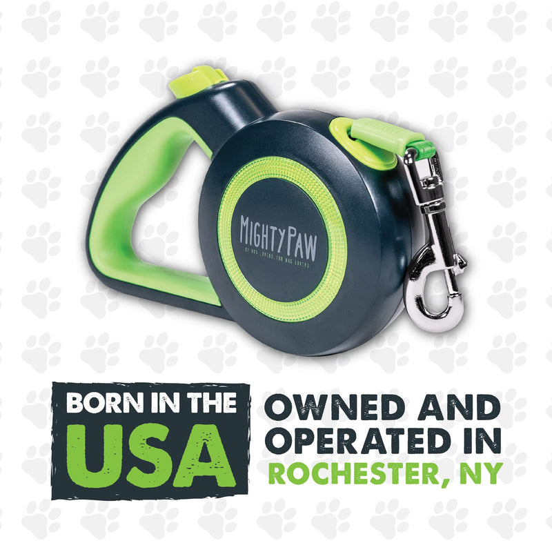 Mighty Paw Retractable Dog Leash 2.0 | 16’ Heavy Duty Reflective Nylon Tape Lead for Pets Up to 50 LBS. Tangle Free Design W/ One Touch Quick-Lock Braking System & Anti-Slip Handle. (Green/Lite) Lite Green - PawsPlanet Australia