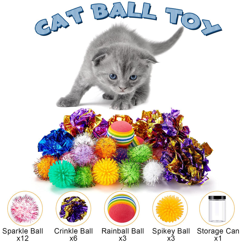 25 Pieces Cat Toy Ball Set Include Pom Pom Balls Tinsel Balls Crinkle Balls Cat Bouncy Spiny Balls Rainbow Foam Ball Toy with Plastic Bottle for Cats Puppy Kitten - PawsPlanet Australia