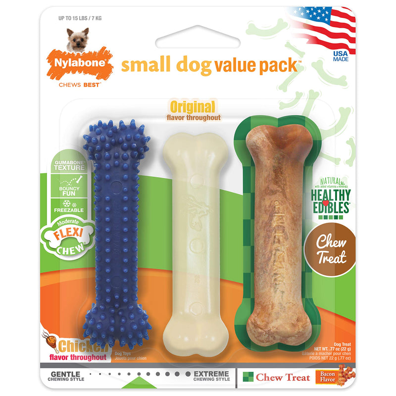 Nylabone Small Dog Value Pack (with edible), XS Dental/Bacon/Original - PawsPlanet Australia