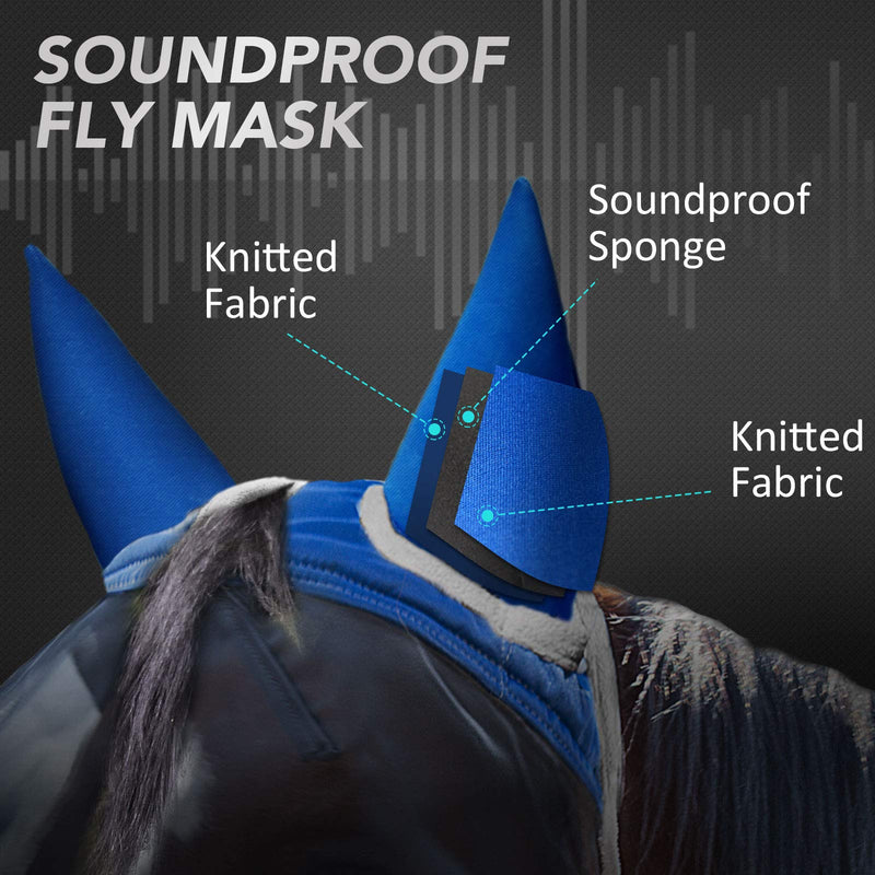 Harrison Howard Soundproof Horse Fly Mask Long Nose with Ears Mesh Fleece Padded UV Protection for Horse (Champion Blue) Cob (Medium) Champion Blue - PawsPlanet Australia