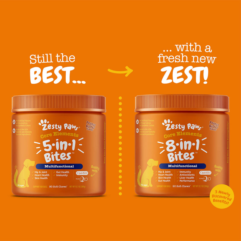 Zesty Paws, 5-in-1 Multivitamin Bites for Dogs, All Ages, Peanut Butter Flavour, 90 Soft Chews - PawsPlanet Australia