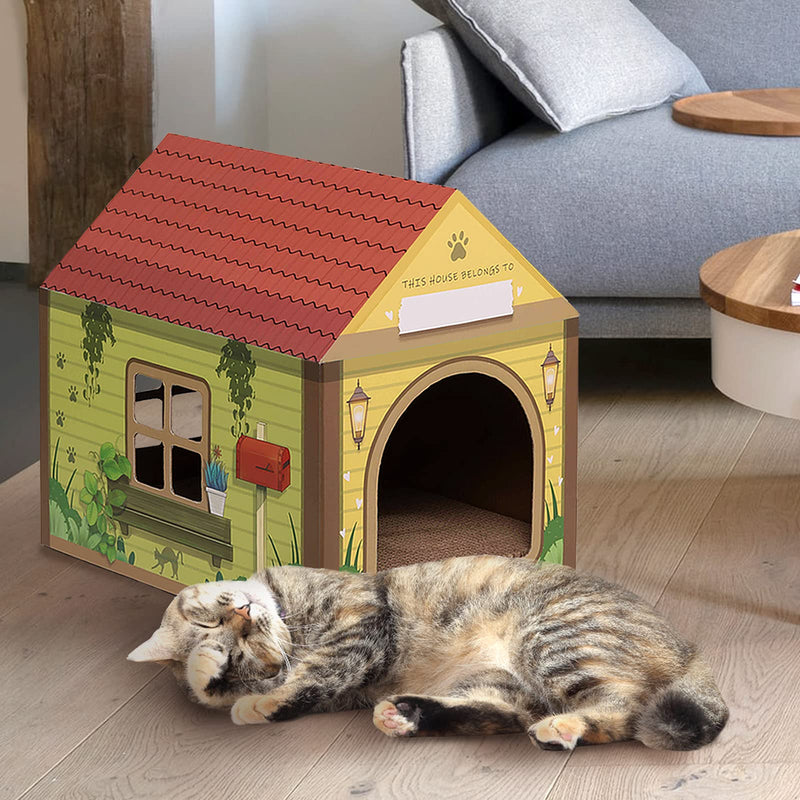 SEKAM Cardboard Cat House with Scratcher/Catnip, Cat Play House for Indoor Cats, Cat Scratching Toy, Cat Hideaway Furniture for Cat Birthday Arch roof getaway - PawsPlanet Australia