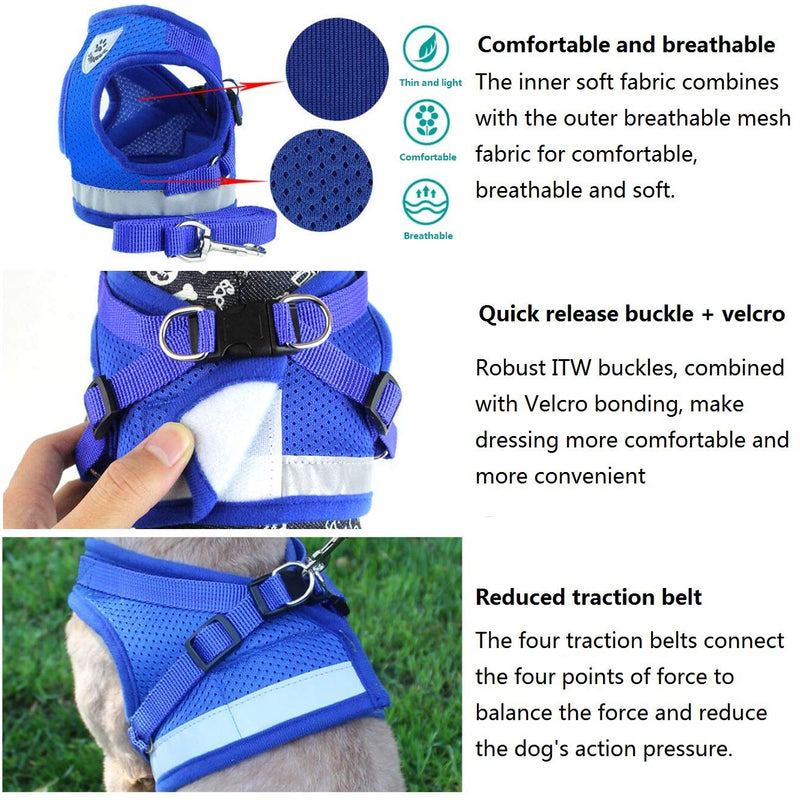 [Australia] - YujueShop Cat Harness and Leash Pet Vest Small Dog Harness Escape Proof Reflective Re-Adjustable Walking Soft Mesh with Pet Leash for Cats Puppies Pets XS 21-26.5cm/8.3-10.4in Blue 