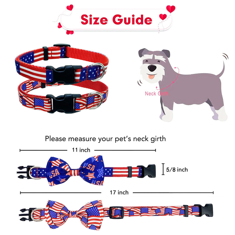 2 Pack 4th of July Dog Collar with Bow Tie, USA Independence Day / Patriotic Collar for Small Medium Large Dogs Pets Puppies (Small) Small-(11"-17") Neck * 5/8" Wide - PawsPlanet Australia