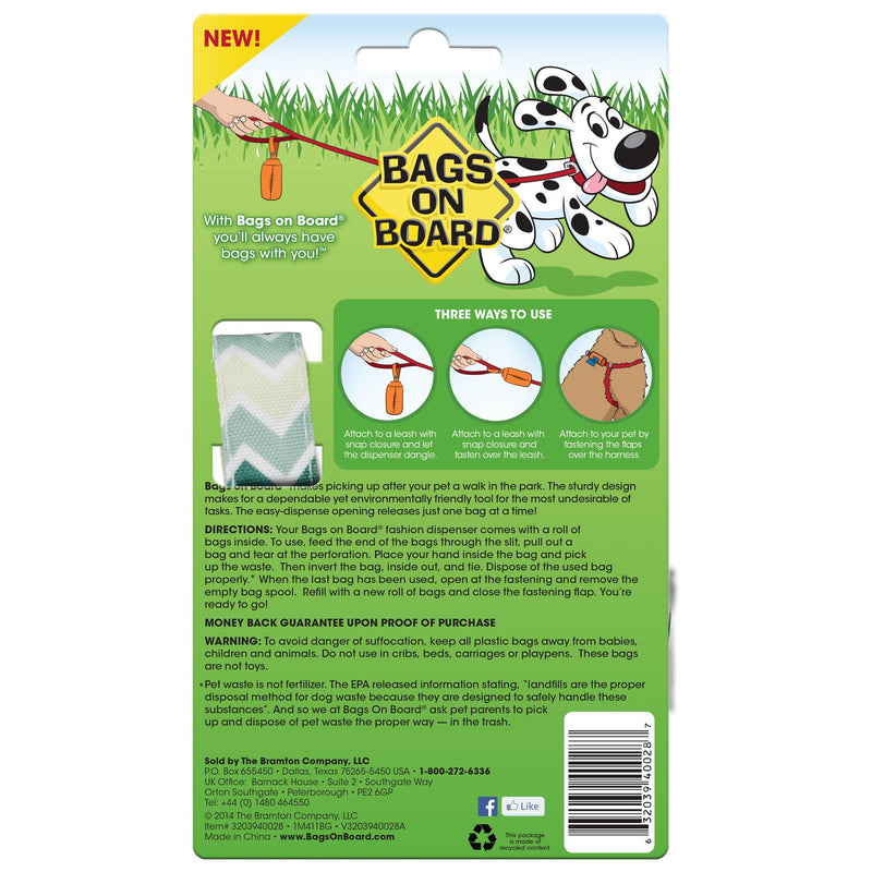 [Australia] - Bags on Board Dog Poop Bags Dispenser with 14 Refill Bags | Attaches to Most Leashes N/A Green Chevron 