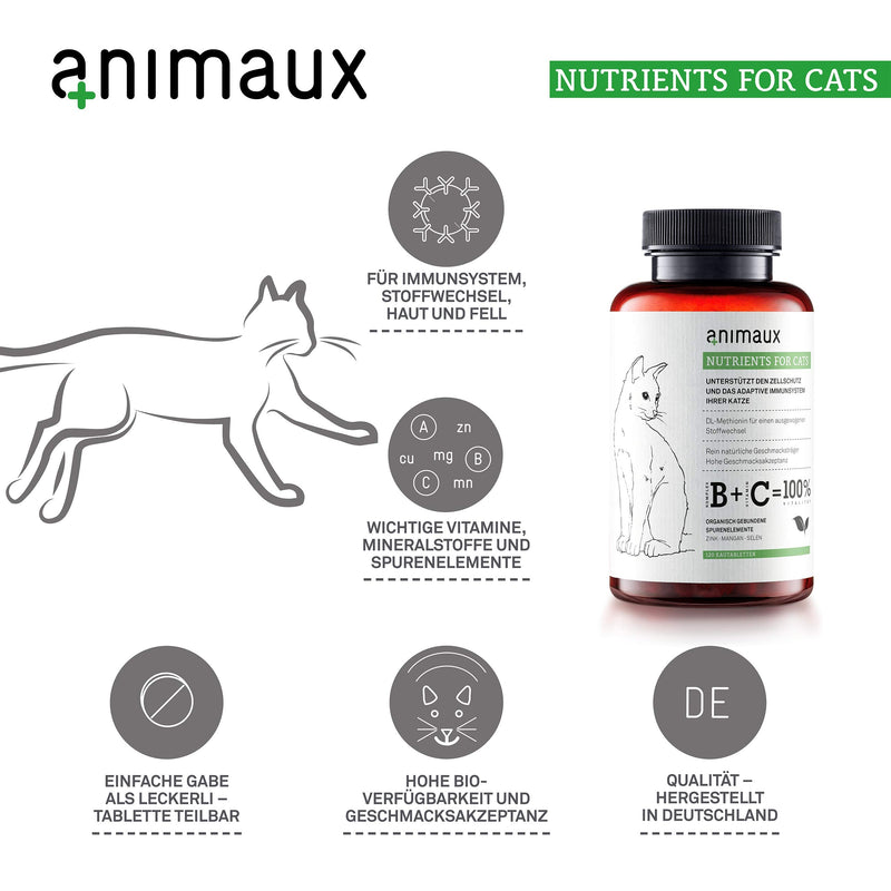 animaux®  nutrients for cats | All-Natural Cat Vitamins to Support the Immune System and Cell Protection | Zinc, Manganese, Selenium | Skin and Coat | 120 Chewable Tablets - PawsPlanet Australia