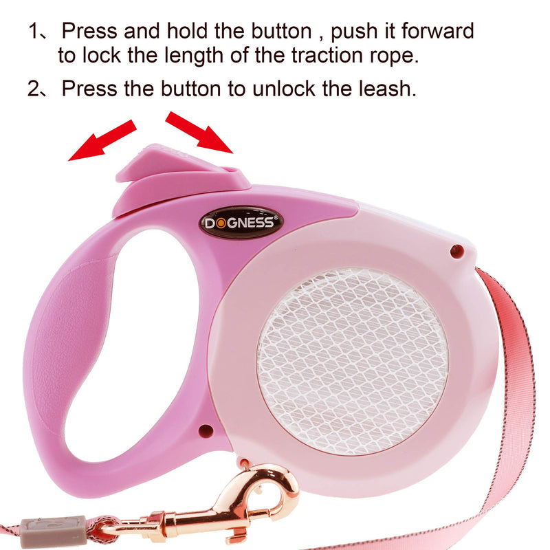 [Australia] - DOGNESS Reflective Retractable Dog Leash, One Button Brake & Lock Anti-Slip Handle, Strong Nylon Ribbon Tape, 13-19 ft Long Dogs, Three Colors Reflective Sticker 13 ft / up to 55 lbs Pink 