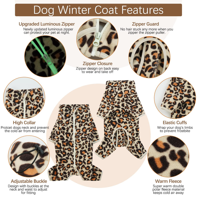 ROZKITCH Dog Winter Coat Soft Fleece Pullover Pajamas, Pet Windproof Warm Cold Weather Jacket Vest with Reflective Zipper, Onesie Jumpsuit Apparel Outfit Clothes for Small Medium Large Dog Brown XL X-Large Leopard Brown - PawsPlanet Australia