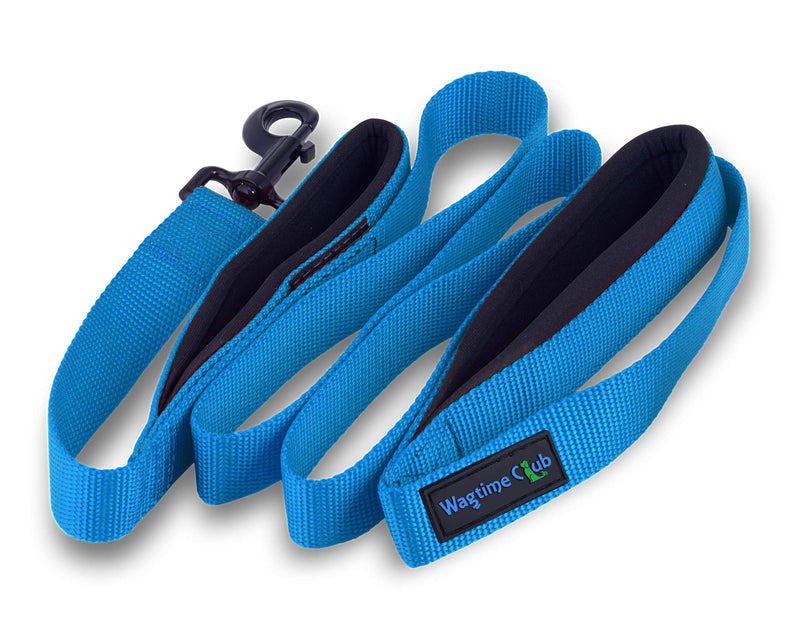 [Australia] - Wagtime Club Soft and Thick Double Handle Premium Nylon 4FT x 3/4 in Leash - Dual Neoprene Padded Handles for Ultimate Comfort and Control - for Medium to Large Dogs- Vibrant Colors Bright Blue 