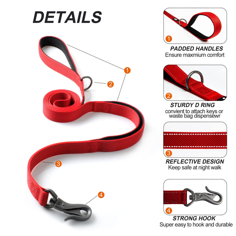 TwoEar 5FT 1IN Strong Red Dog Leash with 2 Padded Handles, Traffic Handle Extra Control, Comfortable Soft Dual Handle, Auto Lock Hook, Reflective Walking Lead for Small Medium and Large Dogs 1 in x 5 ft - PawsPlanet Australia