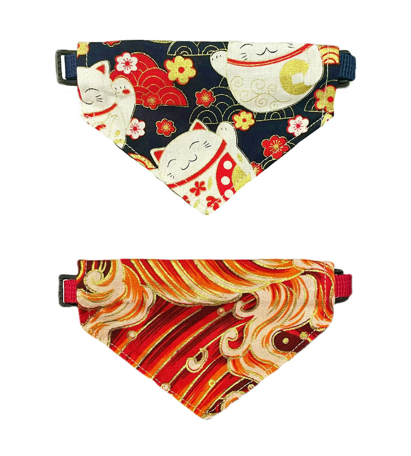 OHAYO Japanese Cat Bandana - 2 Pack | Bandana Collar Adjustable Japanese Style Kitten Premium Durable, Blue / Orange - PawsPlanet Australia