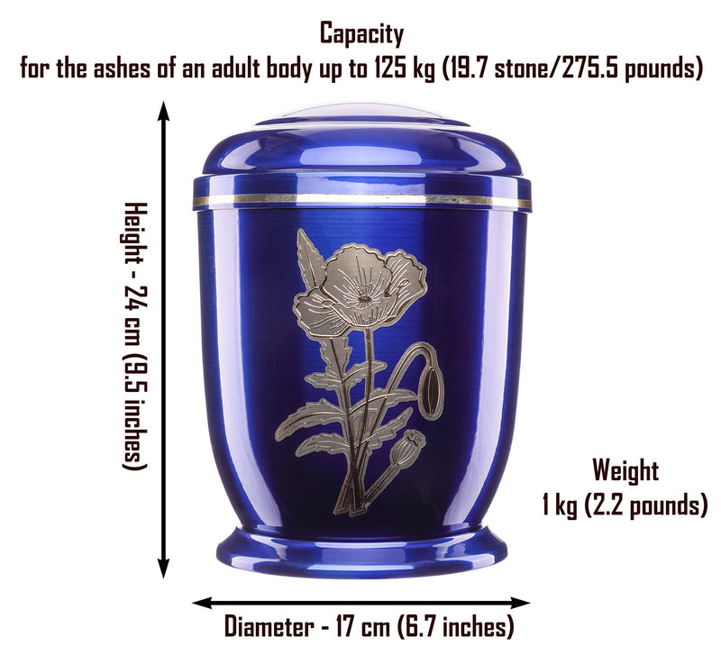 Urns for Ashes Adult Large Human Cremation Funeral Memorial Burial Remain Medium Full Size Waterproof Metal Poppy Gold (Blue) Blue - PawsPlanet Australia