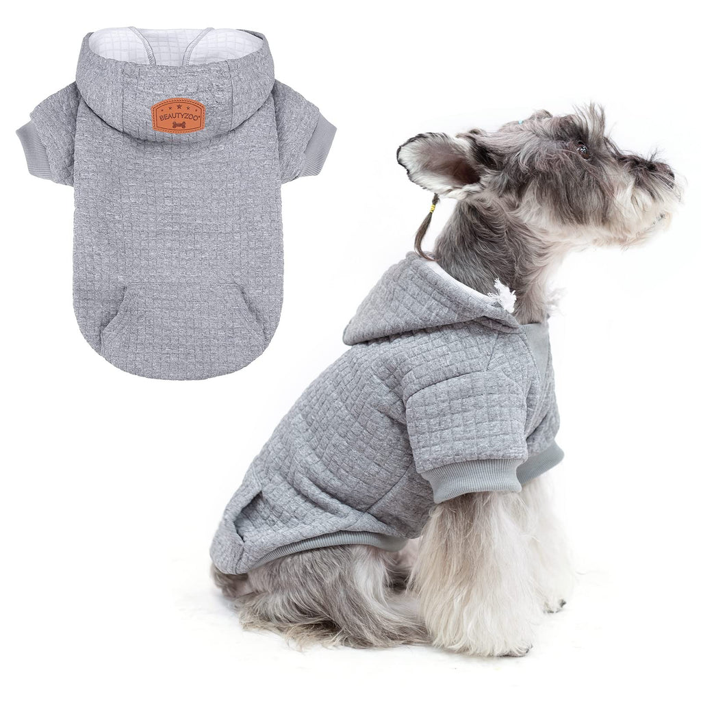 BEAUTYZOO Small Dog Hoodie Sweater with Pockets, Dog Clothes for Small Medium Dogs Boy Girl, Waffle-like Laminated Cotton Pet Coats with Hat and Leash Hole, All Weather Coat for Puppy Doggie Chihuahua Small/Medium(Back Length 14") Grey - PawsPlanet Australia