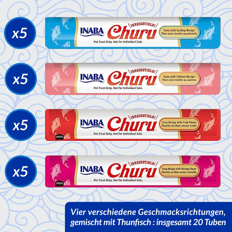 INABA Churu Puree Multipack - 20 tubes in total: 5X tuna with salmon, 5X tuna with shrimp, 5X tuna with scallops and 5X tuna with crab - PawsPlanet Australia