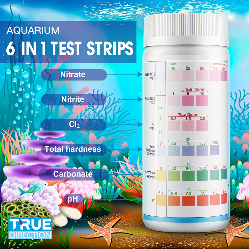 TRUEDIRECTION Aquarium Test Strips 6 in 1 Aquarium Test Kits for Test Nitrate Nitrite Chloride Hardness (GH) Carbonate(KH) Fresh Water Salt Water and pH Testing 125 Count - PawsPlanet Australia