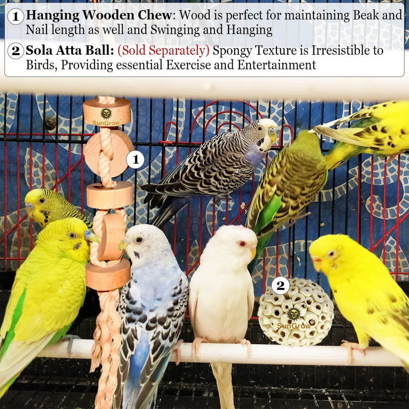 [Australia] - SunGrow Parakeet Wooden Chew Toy, 12 Inches Hanging Wood Cookies for Pecking and Chewing, Natural Pithy Wood Blocks and Safe Cotton Rope, Great for Parrots, Macaws, African Greys & Conures, 1 Pack 