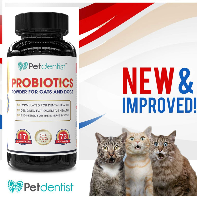 Petdentist Probiotics Powder for Cats and Dogs, 17 Bacterial Strains 73 Billion CFU’s Supplement for Pets Dental Care, Gums, Bad Breath, Dog Digestion, Skin Coat and Immunity Support, Made in UK-90g - PawsPlanet Australia