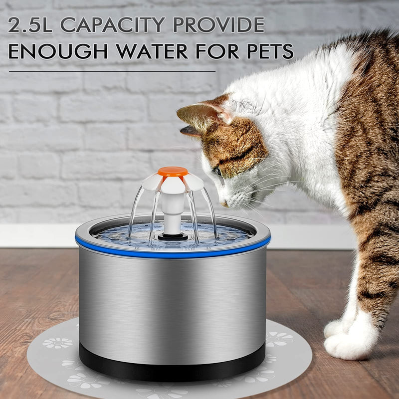 Cat Water Fountain Stainless Steel, 84oz/2.5L Pet Water Fountain with LED Night Light, Automatic Drinking Fountain for Cats, Dogs and Other Pets - PawsPlanet Australia