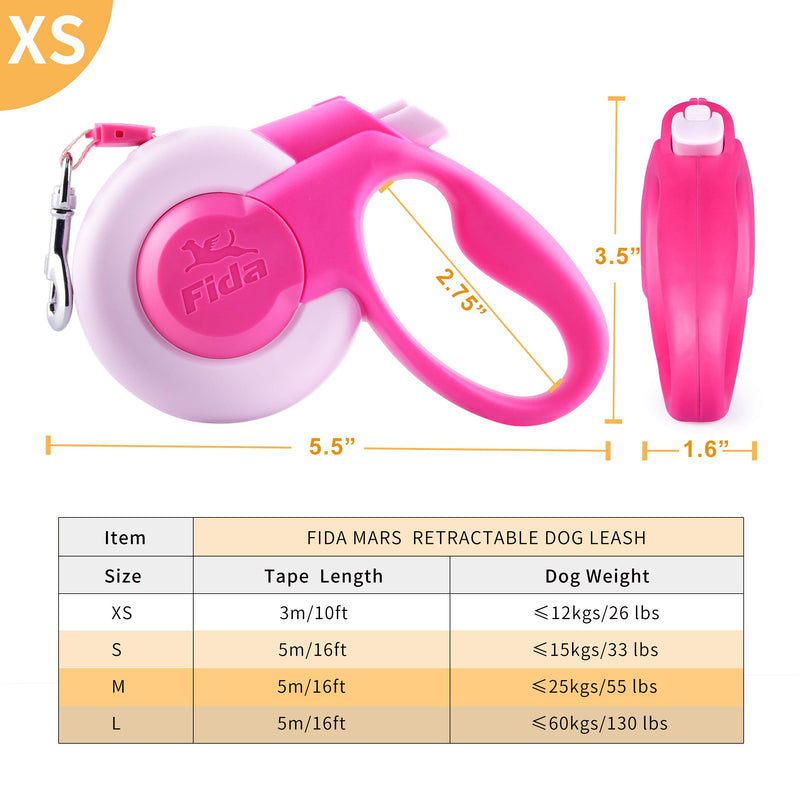 [Australia] - Fida Retractable Dog Leash Heavy Duty, 16 ft Pet Walking Leash for X-Small/Small/Medium/Large Dog or Cat up to 110 lbs, 360° Tangle Free, (Mars Series) Pink 