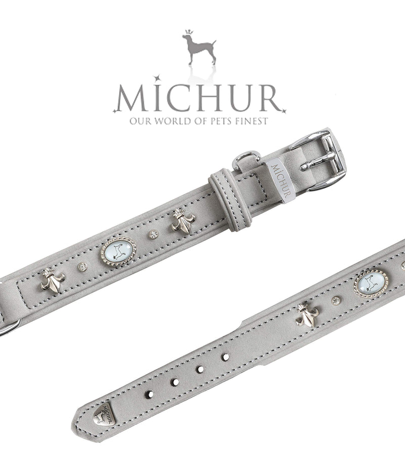 MICHUR Tipico dog collar leather, dog leather collar, collar, gray, LEATHER, with lilies, rhinestones and large Michur stone Neck circumference 12,20-14,17" - PawsPlanet Australia