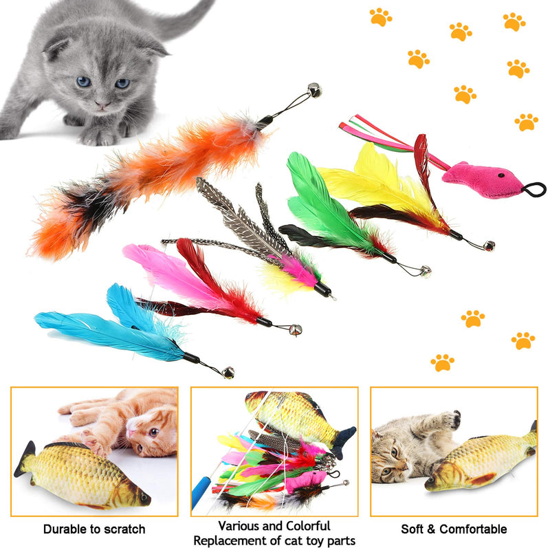 [Australia] - Sumind 14 Pieces Cat Toy Set, Include Electric Flopping Fish Moving Fish Cat Toy, Retractable Cat Wand Toy Set Telescopic Rod and 12 Pieces Replacement Teaser Refills Feather, Interactive Toy for Cat 