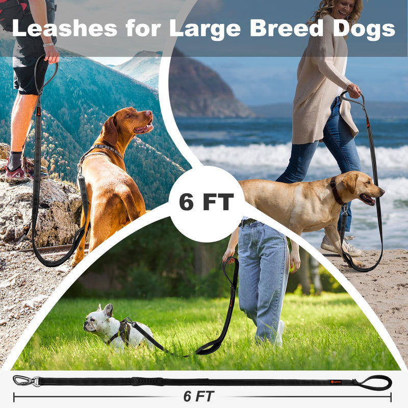 Heavy Duty Dog Leash, Laqibak Double-Sided Reflective Double Handle Dog Leash - Double-Layer Thickening, Lockable Safety Carabiner Design, 6 FT Perfect for Medium & Large Dogs Joyful Strolls, Black - PawsPlanet Australia