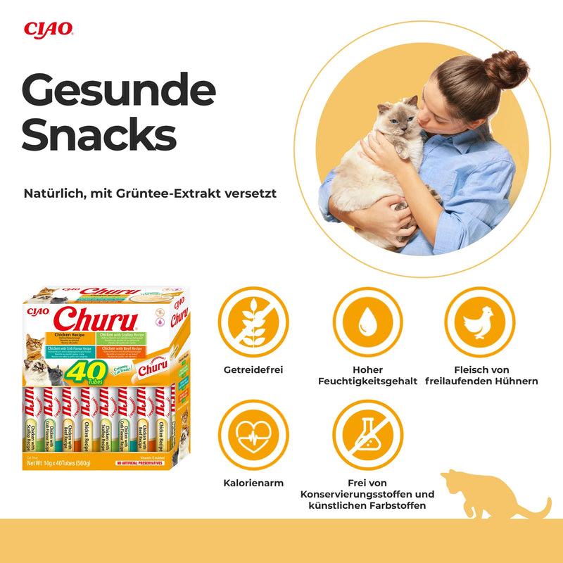 INABA Churu Puree Multipack - cat treats for feeding. A total of 40 tubes: 10X chicken, 10X chicken with scallops, 10X chicken with crab and 10X chicken with beef various. Flavor multipack 40 sticks - PawsPlanet Australia