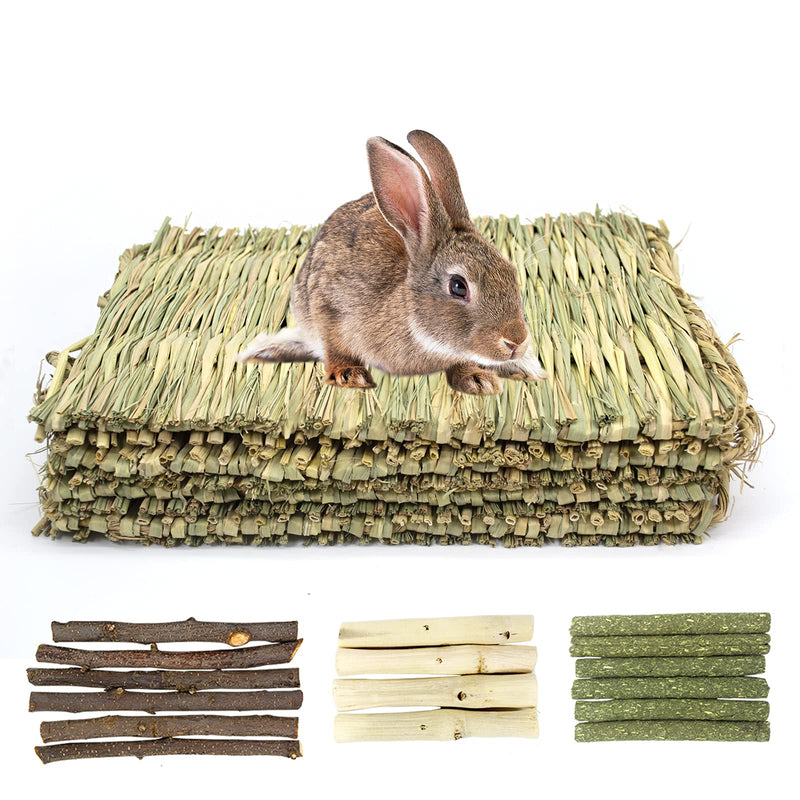 LLGLEU Pack of 4 Hand Woven Rabbit Grass Mat, Natural Small Animal Edible Chew Toy Apple Sticks Grass Sticks Sweet Bamboo for Hamster Chinchilla Parrot Guinea Pig Ferret (4 Pieces 20 x 28) 4 Pieces 20 x 28 - PawsPlanet Australia