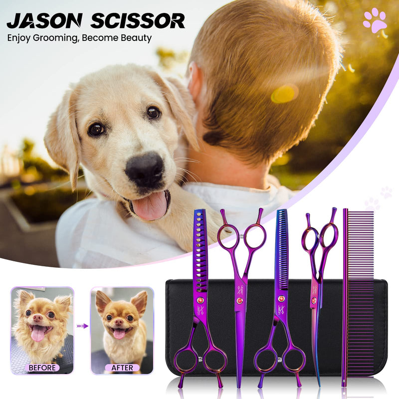 JASON Professional 7.5" Dog Scissors Set 6 in 1 Grooming Scissors Set for Dogs - Straight Curved Dog Scissors 16/36 Teeth Thinning Scissors for Dogs with Ergonomic Handle for Pet Grooming Tl Set - PawsPlanet Australia