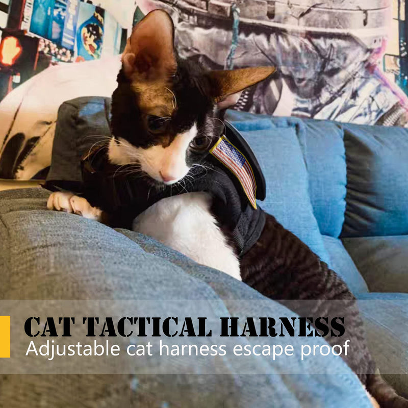 Tactical Cat Harness and Leash for Walking Escape Proof, Adjustable Military K9 Pet Vest Harness Easy Control for Large Cat, Puppy and Small Dog Black - PawsPlanet Australia