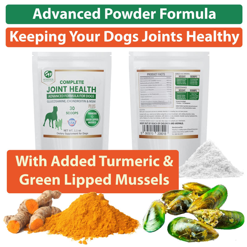 Petastical Joint Supplements for Dogs, 800mg Glucosamine, 400mg Chondroitin, 400mg MSM with Added Turmeric and Green Lipped Mussels (30 Scoop) 30 Scoop - PawsPlanet Australia