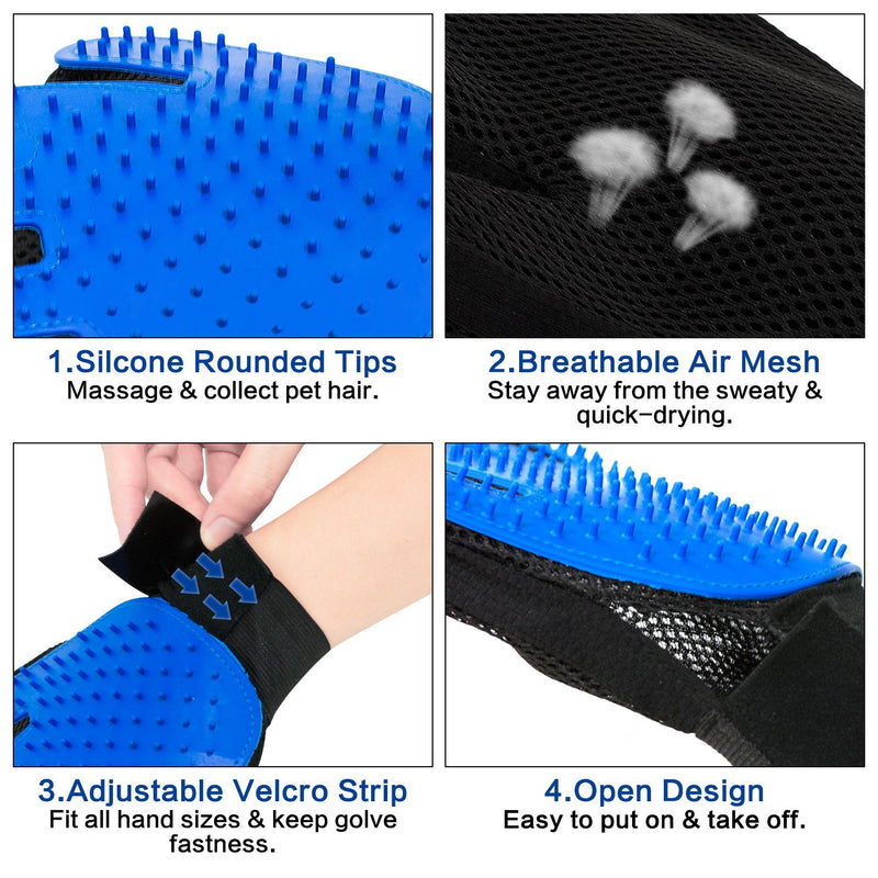 Yatoo Pet Grooming Glove Comb Brush Massage Tool Kit for Cats Dogs Long Short Fur Hair Remover Mitt Gentle Deshedding Removes Tangles Knots Loose Fur and Dirt Contains 2 Gloves and 1 Comb Blue - PawsPlanet Australia