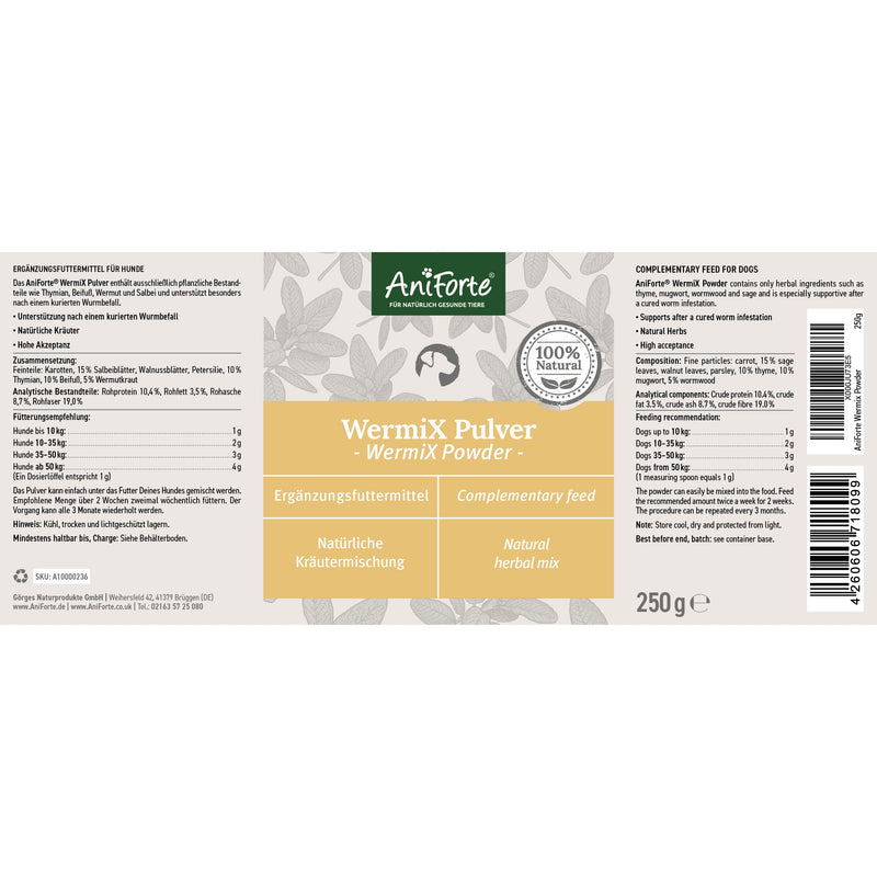 AniForte WermiX for dogs 250g - Natural herbs, proven alternative for 10 years, support with saponins, bitter substances, thyme, wormwood & sage - PawsPlanet Australia