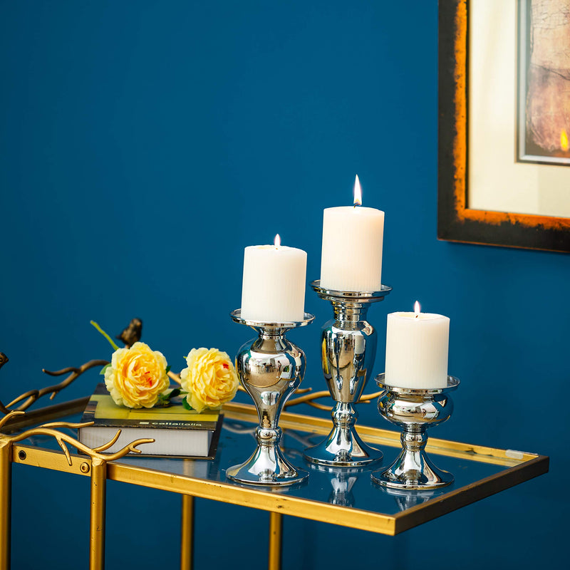 Sziqiqi Metallic Pillar Candleholder Set for Candle Centerpieces, Table Mantel Fireplace Decoration Set of 3 Gourd-Shaped Design Silver S-M-L-Set of 3 - PawsPlanet Australia