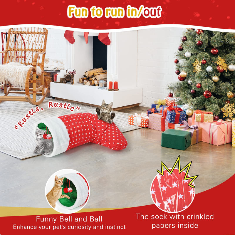 Pawaboo Cat Toy, 2 Way Christmas Stocking Play Tunnel, Christmas Tunnel Toy with Crinkle Paper and Spring Steel Frame, Interactive Toy, Small Animal Tube for Kittens, Red Pentagram - PawsPlanet Australia