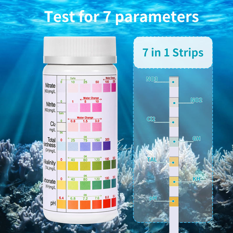 7-Way Aquarium Test Strips, 100 Strips Aquarium Testing Kit for Freshwater Saltwater, Pond Test Strips for Fish Tank Testing pH, Alkalinity, Nitrite, Nitrate, Chlorine, Carbonate, Hardness (KH & GH) - PawsPlanet Australia