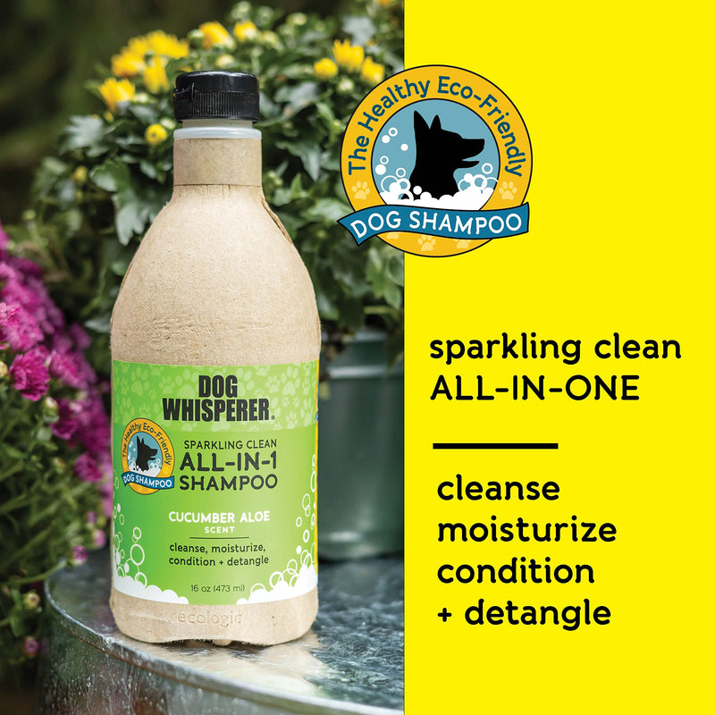 Dog Whisperer Sparkling Clean All-in-ONE Dog Shampoo by YAYA Organics | Cleanses, Conditions, Moisturizes and Detangles | Healthy + Eco-Friendly Formula with Fresh Cucumber Aloe Scent | 16 oz - PawsPlanet Australia