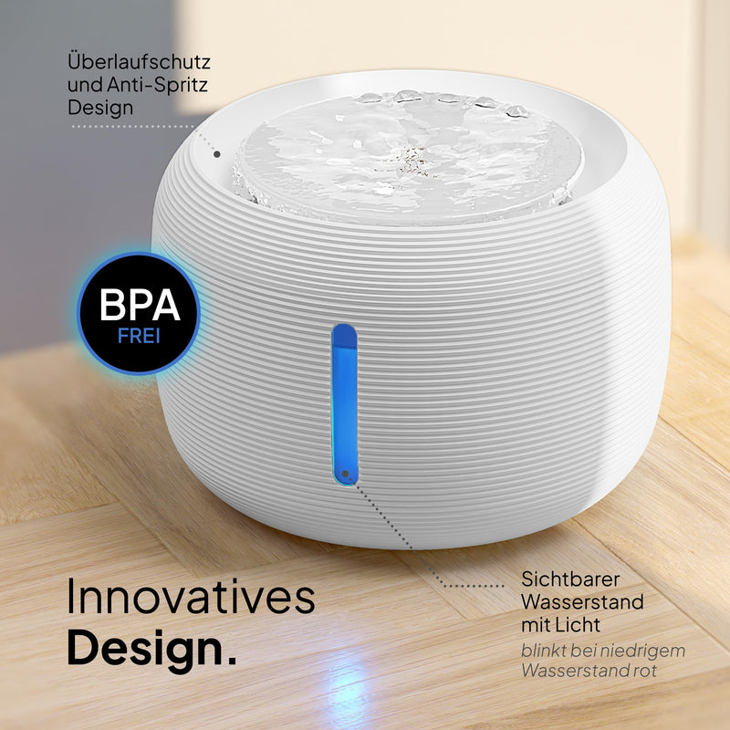 Pretty Paw© cat fountain [NEW INTRODUCTION] Super quiet, BPA-free 2.5L drinking fountain for cats with LED and activated carbon filter I Easy to clean cat drinking fountain I KatzenOase Pro white - PawsPlanet Australia