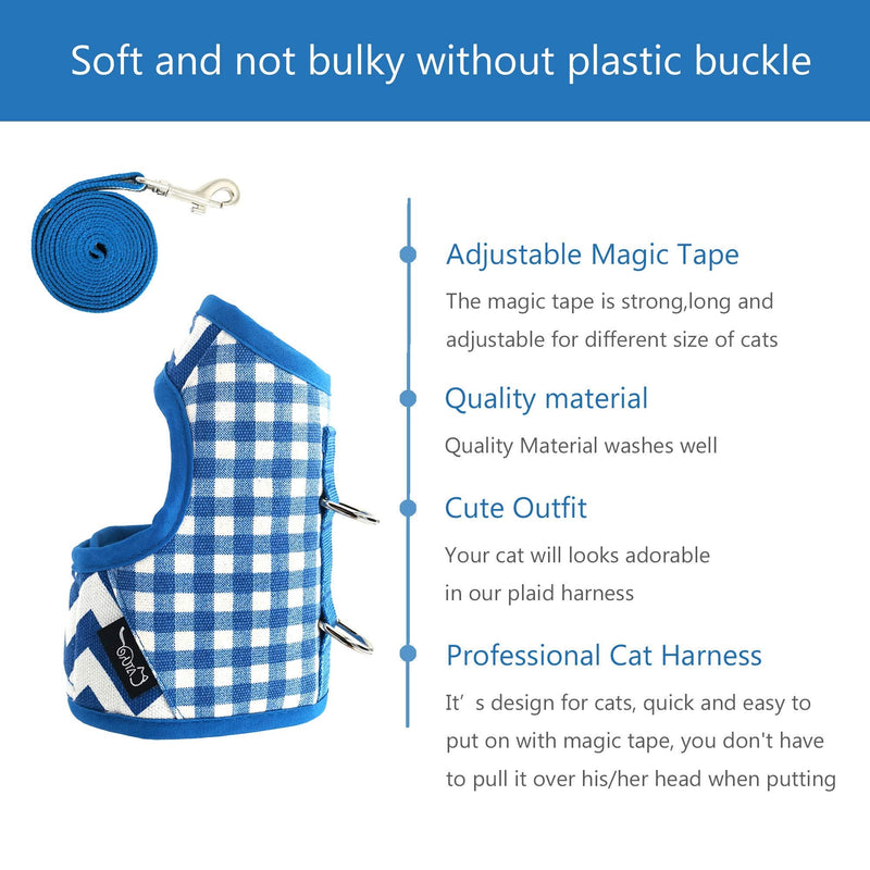 Escape Proof Cat Harness with Leash Large, Adjustable Cat Walking Jackets, Padded Cat Vest Blue Plaid - PawsPlanet Australia