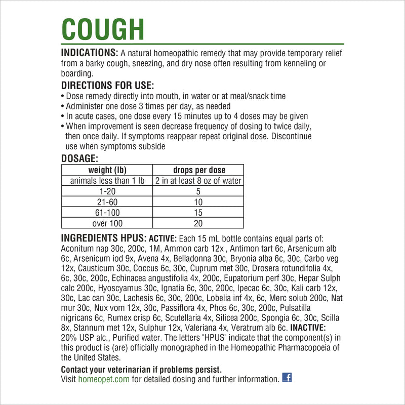 HomeoPet Cough, Natural Cough Treatment for Pets, 15 Milliliters - PawsPlanet Australia