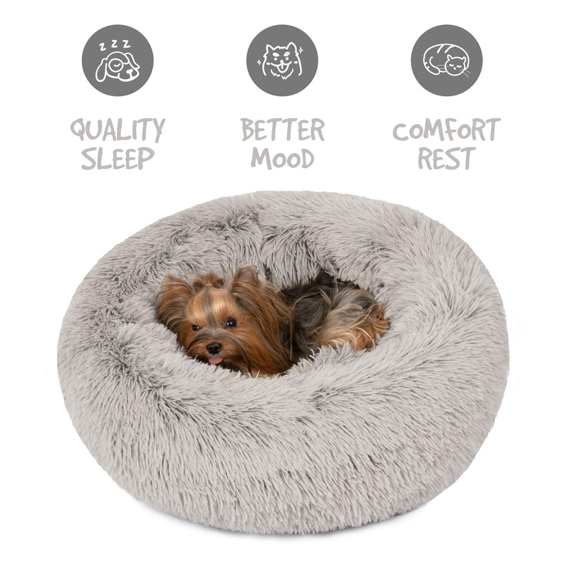 Friends Forever Donut Cat Bed, Faux Fur Dog Beds for Medium Small Dogs - Self Warming Indoor Round Pillow Cuddle Grey - PawsPlanet Australia