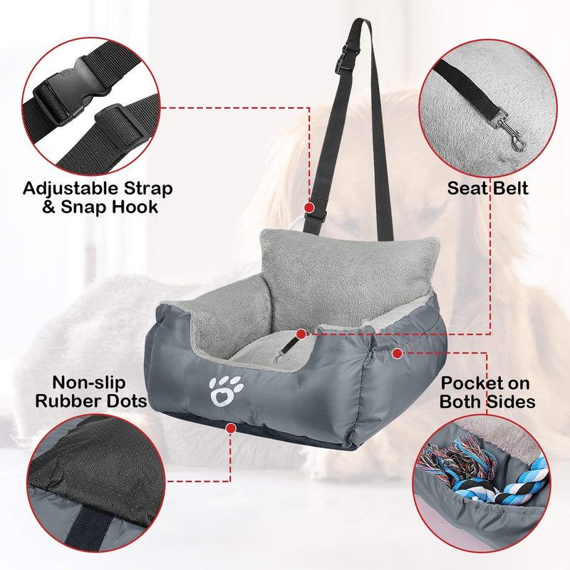 GoFirst Dog Car Seat for Small Dogs or Cats, Pet Booster Seat Travel Car Bed with Storage Pocket and Clip-On Safety Leash, Waterproof Warm Plush Dog Car Safety Seats,Grey Grey - PawsPlanet Australia